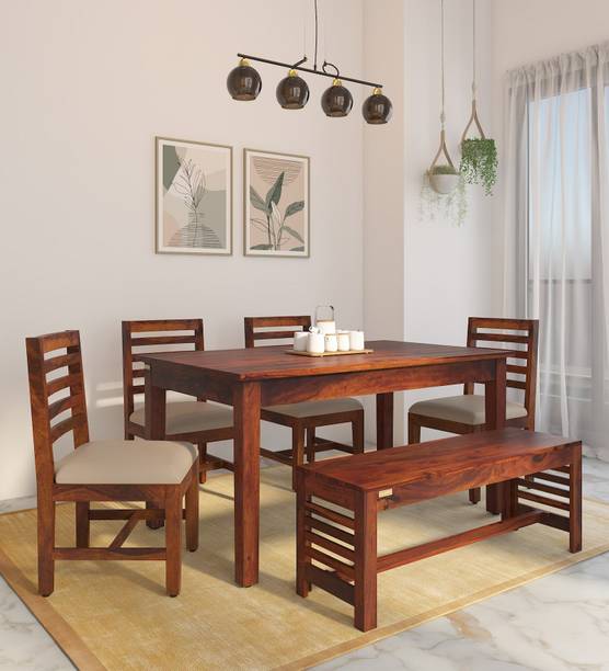 LOONART Solid Sheesham Wood Six Seater Dining Set With Bench For Dining Room, Café. Solid Wood 6 Seater Dining Set