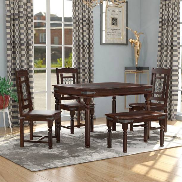 LOONART Solid Sheesham Wood Four Seater Dining Set With Chairs & Bench For Dining Room | Solid Wood 4 Seater Dining Set