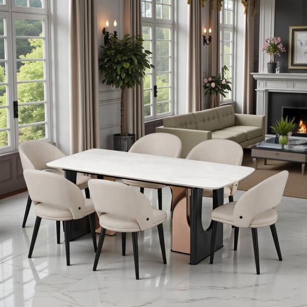 THE ATTIC The Attic Valerio Prime 6 Seater Dining Set,Off White,Rose Gold, Gun Meta,160Cms Metal 6 Seater Dining Set
