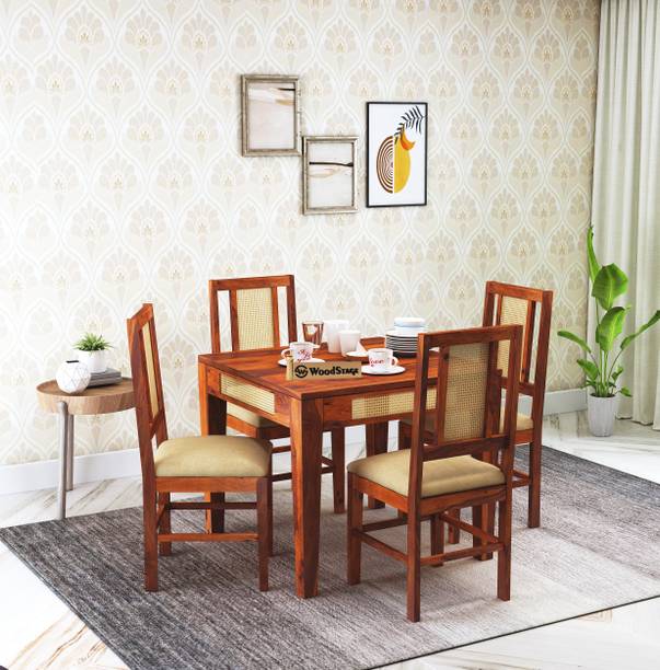 WOODSTAGE Sheesham Wood 4Seater Cane Jali Dining Table with Cushion Chairs Solid Wood 4 Seater Dining Set