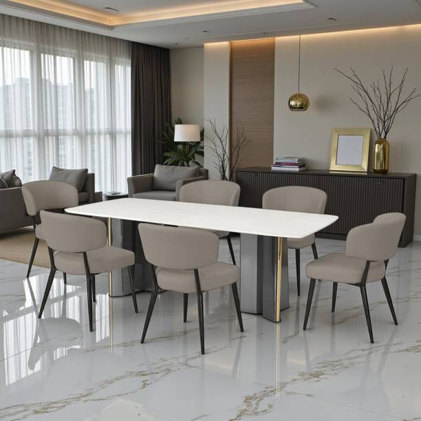 THE ATTIC The Attic Royal Oak 6 Chair Dining Set,Warm Grey,Titanium & Cream,180Cms Metal 6 Seater Dining Set