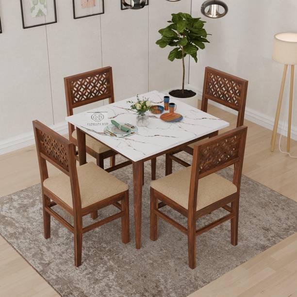 Floresta Wud Kalon Marble Finish Engineer Wood Table Top Solid Wood Dining Table With Chair | Solid Wood 4 Seater Dining Set