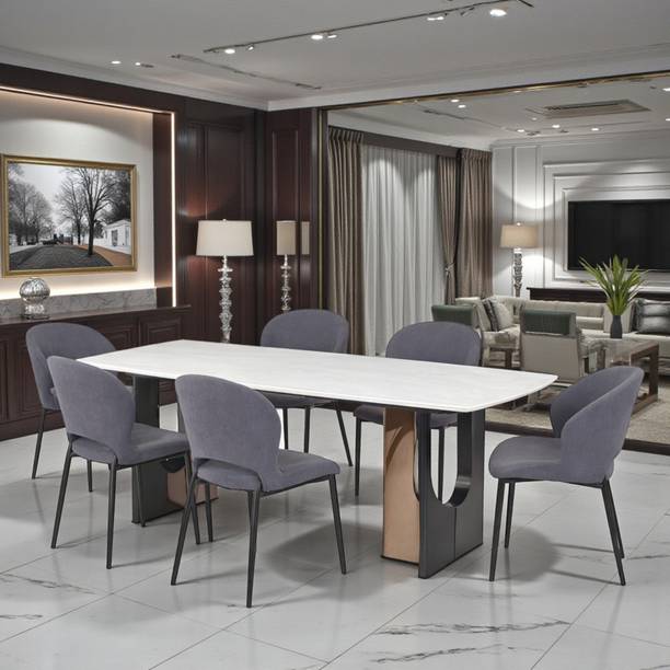 THE ATTIC The Attic Quarto Stone 6 Seater Dining Set,Steel Grey,Rose Gold, GunMetal,160Cms Metal 6 Seater Dining Set