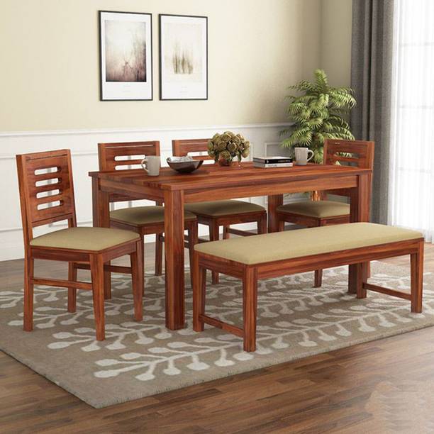Mooncraft Furniture Wooden Dining Table with 4 Chairs & 1 Bench Solid Wood 6 Seater Dining Set