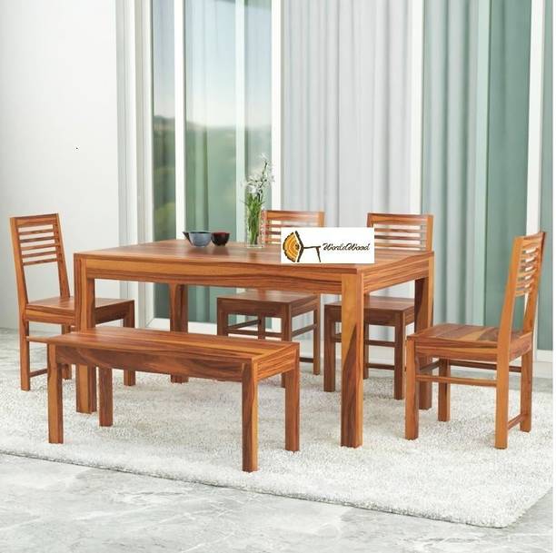 Worldwood Rectangle Six Seater Dinning Table with 4 Chairs & 1 Bench for Home Solid Wood 6 Seater Dining Set