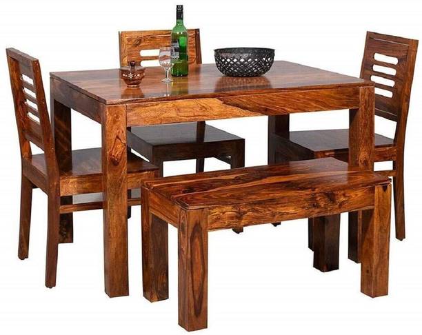 MAHIMART AND HANDICRAFTS Sheesham Wood Dining Table Set with 3 Chairs +1 Bench | Dining Room Furniture (Dark Honey Finish) Solid Wood 4 Seater Dining Set