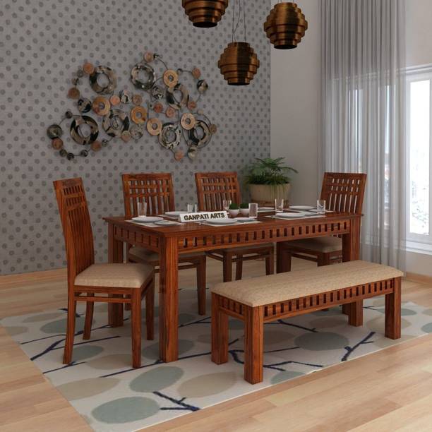 Ganpati Arts Solid Wood Dining Table 6 Seater Six Seater Dinning Table with 4 Chairs & Bench Solid Wood 6 Seater Dining Set