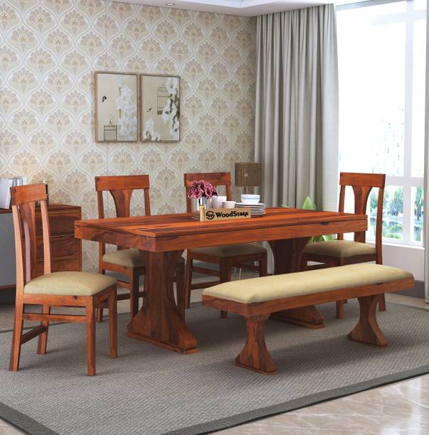 WOODSTAGE Sheesham Wood 6 Seater Dining Table with Cushioned Chairs and Bench Solid Wood 6 Seater Dining Set