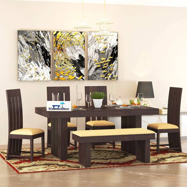 Krishna Wood Decor Solid Sheesham Wood Rosewood 6 Seater Dining Table with Chairs for Living Room Solid Wood 6 Seater Dining Set