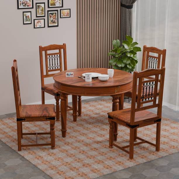 Shree Jeen Mata Enterprises Solid Wood Four Seater Round Dining Set For Dining Room | Kitchen | Restaurant | Solid Wood 4 Seater Dining Set