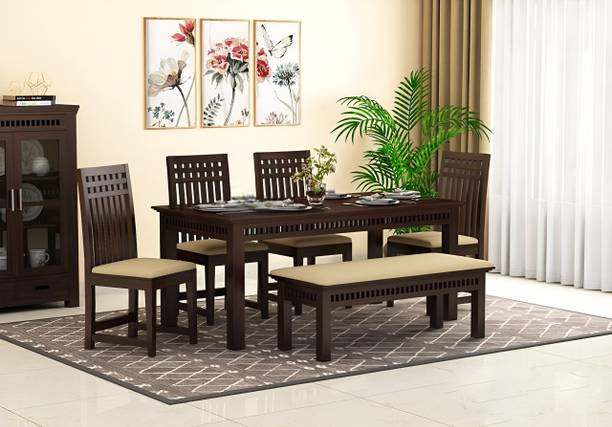 BAGARI ARTS Solid Sheesham Wood 6 Seater Dining Set with 4 Cushion Chairs & 1 Bench | Solid Wood 6 Seater Dining Set