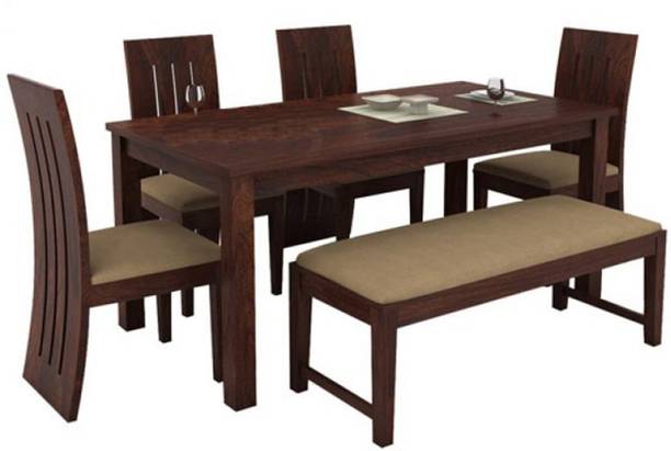 Taskwood Furniture Solid Sheesham Wood 6 Seater Dining Table, 4 Chairs & 1 Bench For Dining Room Solid Wood 6 Seater Dining Set