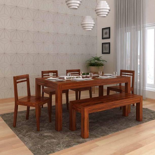 Ganpati Arts Solid Sheesham Wood 6 Seater Mark Dining Table Set Bench with Chairs Solid Wood 6 Seater Dining Set