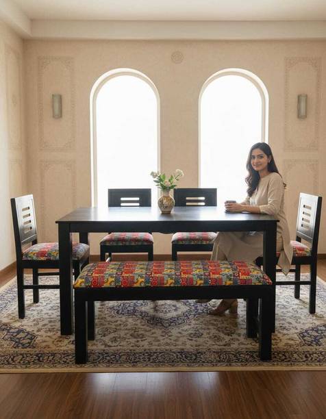 Worldwood Rajasthani Block Printed Cushion Chair with Bench Solid Sheesham Wood Solid Wood 6 Seater Dining Set