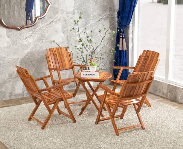 FLIPWOOD Arm Rest Folding Chair and Table for Garden Balcony Cafe Solid Wood 4 Seater Dining Set