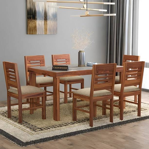 Taskwood Furniture Solid Wood Grey Marble Top Finish Six Seater Dining Set For Dining Room Solid Wood 6 Seater Dining Set