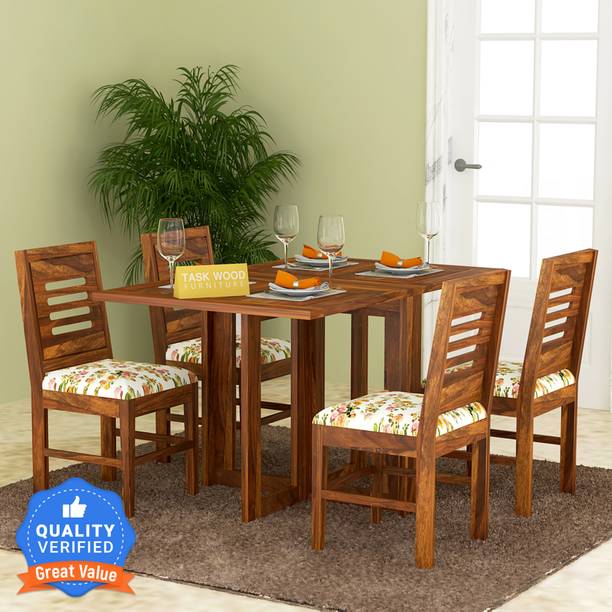 Taskwood Furniture Solid Sheesham Wood 4 Seater Foldable Dining Table With 4 Chairs For Dining Room Solid Wood 4 Seater Dining Set