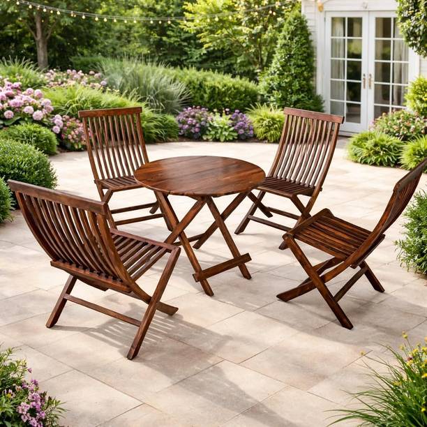 WELL KNOWN Solid Sheesham Wood 4 Seater Folding Table Chair Set Solid Wood 4 Seater Dining Set