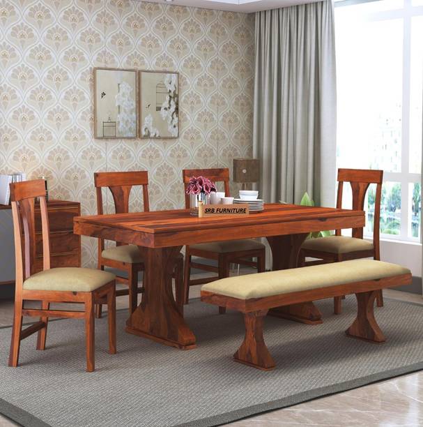 SRB Furniture Solid Sheesham Wood 6 Seater Dining Table with 4 Cushion Chairs & 1 Bench Solid Wood 6 Seater Dining Set