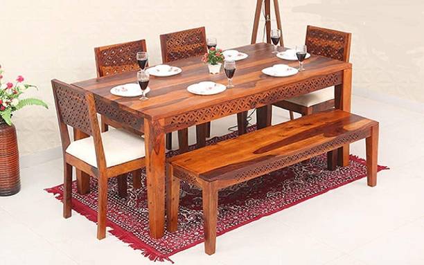 Taskwood Furniture Solid Sheesham Wood 6 Seater Dining Table With 4 Chair, 1 Bench For Dining Room Solid Wood 6 Seater Dining Set