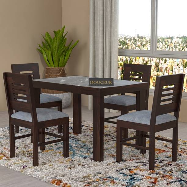 Douceur Furnitures Solid Wood Grey Marble Top Finish Four Seater Dining Set For Dining Room Solid Wood 4 Seater Dining Set