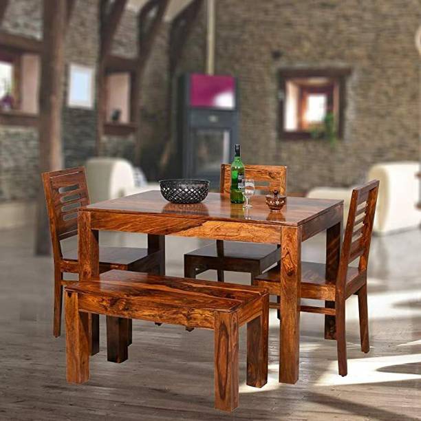 Krishna Art Dining Table Set with 3 Chairs & 1 Bench | Home Dining Room Furniture Solid Wood 4 Seater Dining Table