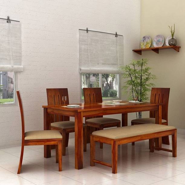 Taskwood Furniture Solid Sheesham Wood 6 Seater Dining Table With 4 Chairs, 1 Bench For Dining Room Solid Wood 6 Seater Dining Set