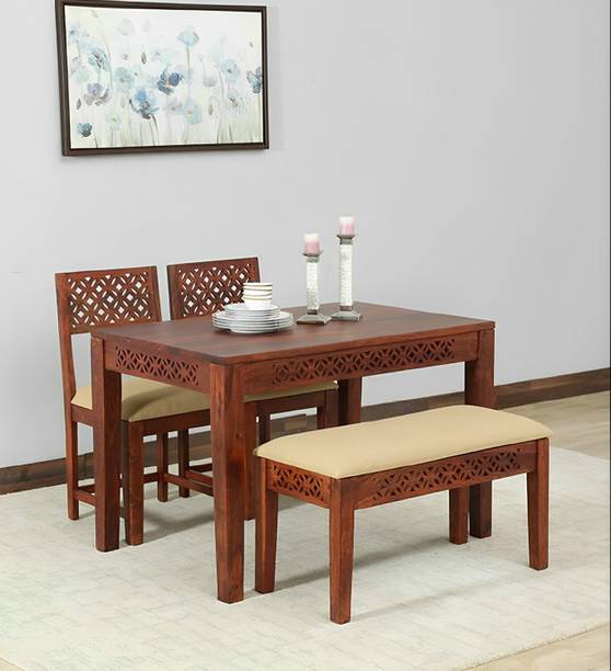 LOONART Solid Sheesham Wood Four Seater Dining Set CNC Design For Dining Room, Café. Solid Wood 4 Seater Dining Set