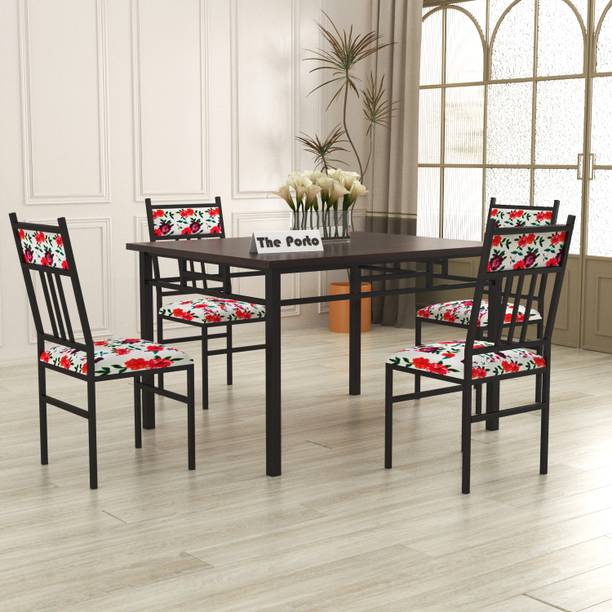 Carftjar Metal Four Seater Dining Set/ Wooden Top Dining Set With Cushion Chair | Metal 4 Seater Dining Set