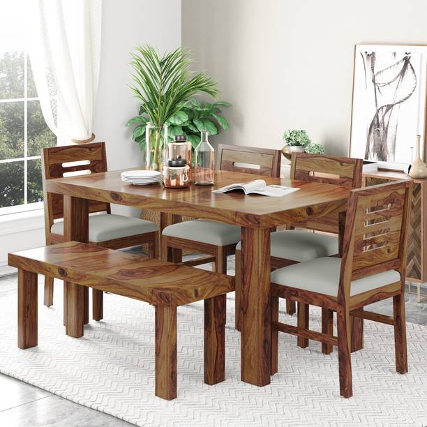 Taskwood Furniture Solid Sheesham Wood 6 Seater Dining Table With 4 Chairs, 1 Bench For Dining Room Solid Wood 6 Seater Dining Set