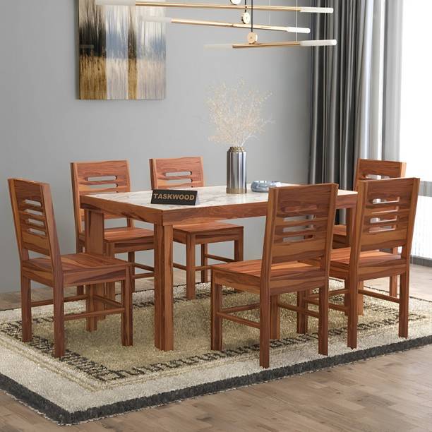 Taskwood Furniture Solid Wood White Marble Top Finish Six Seater Dining Set For Dining Room Solid Wood 6 Seater Dining Set