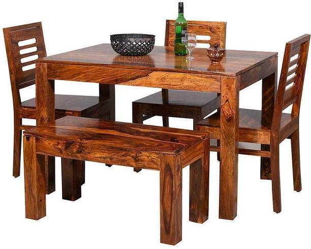 jangid Handicraft Sheesham Solid Wood 4 Seater Dining Table WithBench & 3 Chairs Dining Room Solid Wood 4 Seater Dining Set