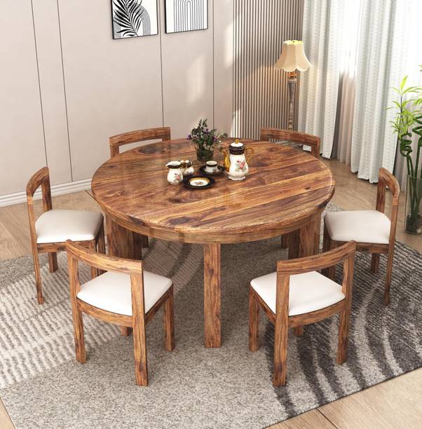 Worldwood Solid Sheesham Wood Round Dining Table Set of 6 Seater Dinner Dinning Table Solid Wood 6 Seater Dining Set