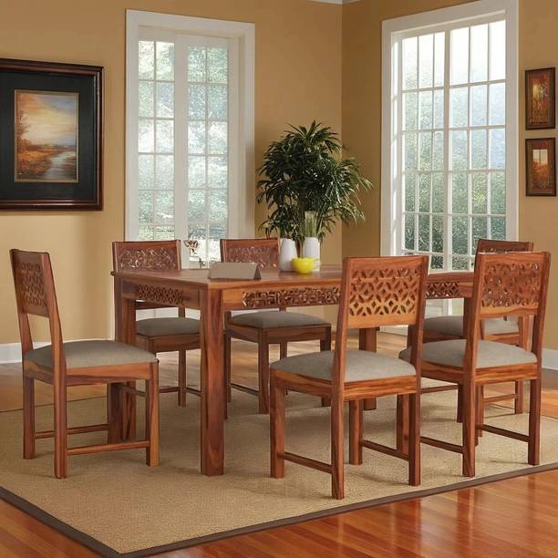 DITHA Furniture Solid Sheesham Wood Six Seater Dining Table Set For Dining Room. Solid Wood 6 Seater Dining Set