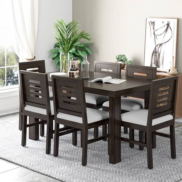 WOODSTAGE Solid Sheesham Wood Dining Table Set with 6 Cushion Chairs For Home Living Room Solid Wood 6 Seater Dining Set