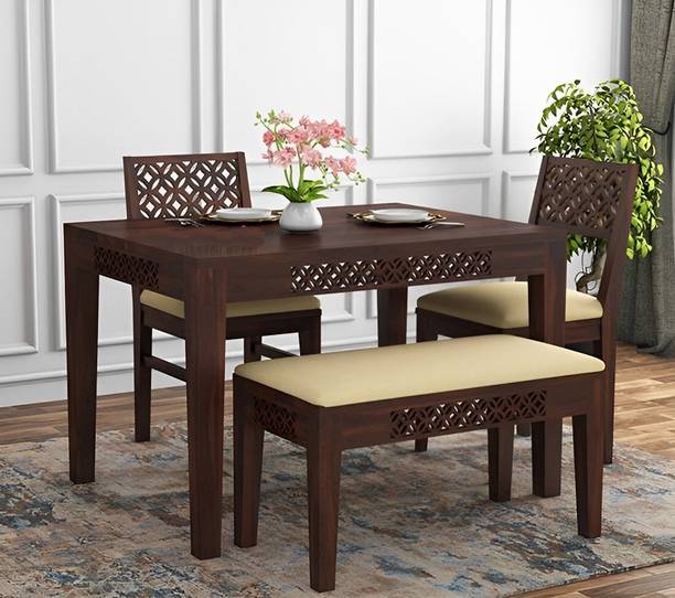 LOONART Solid Sheesham Wood Four Seater Dining Set CNC Design For Dining Room, Café. Solid Wood 4 Seater Dining Set