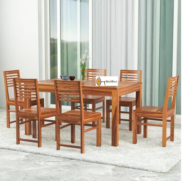 Worldwood Rectangle Six Seater Dinning Table with 6 Chairs for Home Solid Wood 6 Seater Dining Set