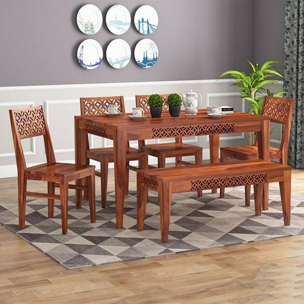 Mooncraft Furniture Wooden Dining Table with 4 Chairs & 1 Bench Solid Wood 6 Seater Dining Set