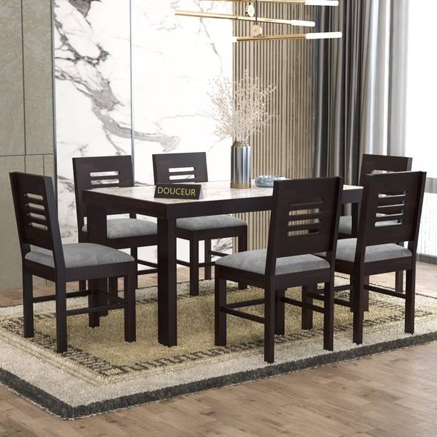 Douceur Furnitures Solid Wood White Marble Top Finish Six Seater Dining Set For Dining Room Solid Wood 6 Seater Dining Set