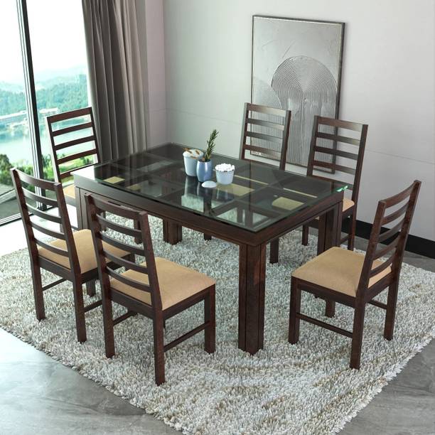 PR FURNITURE Sheesham Wood Nova Glow Modern Glass 6 Seater Dining Set For Home, Restaurant. Solid Wood 6 Seater Dining Set