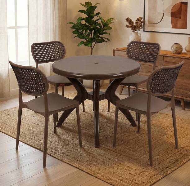 TrendyLivings Round Dining Table with 4 Chairs for Home, Balcony, Garden, Cafe, Restaurant Plastic 4 Seater Dining Set