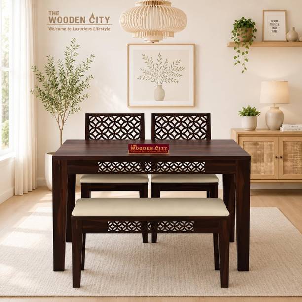 THE WOODEN CITY Rosewood (Sheesham) Dining Room Set with Bench Solid Wood 4 Seater Dining Set