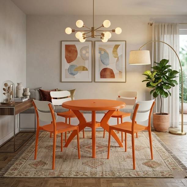 TrendyLivings Round Dining Table with 4 Chairs for Home, Balcony, Garden, Cafe, Restaurant Plastic 4 Seater Dining Set