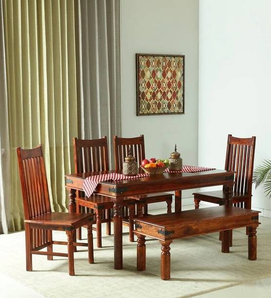 Worldwood Solid Sheesham Wood 6 Seater Dining Set with 4 Chair & 1 Bench Solid Wood 6 Seater Dining Set