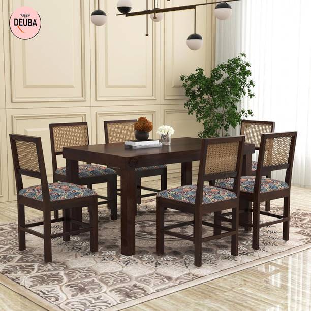 Deuba Sheesham Printed cushion with net Solid Wood 6 Seater Dining Set