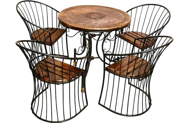 Casa Trading Wood & Wrought Iron Patio Furniture Dining Table & Chair Set Solid Wood 4 Seater Dining Set