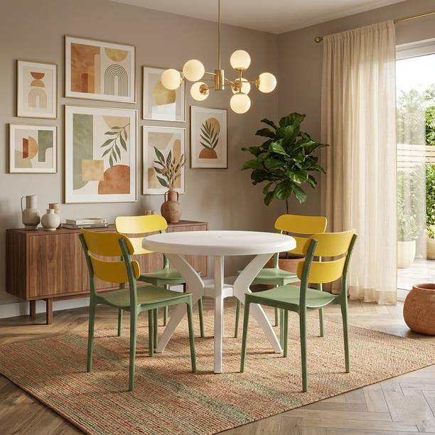 TrendyLivings Round Dining Table with 4 Chairs for Home, Balcony, Garden, Cafe, Restaurant Plastic 4 Seater Dining Set