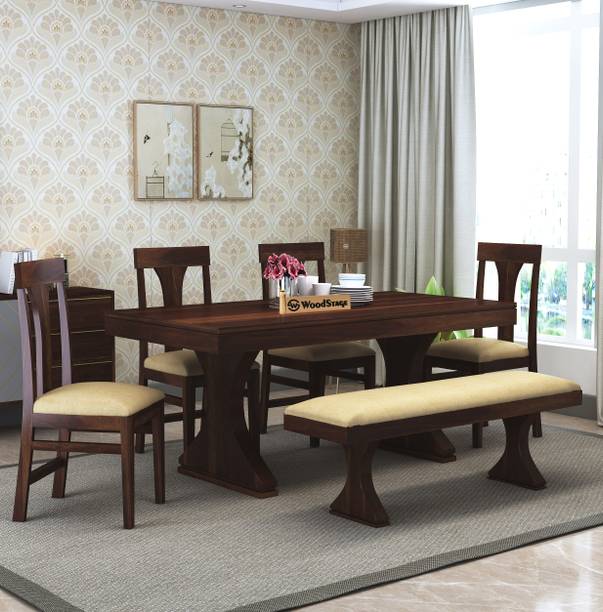 WOODSTAGE Sheesham Wood 6 Seater Dining Table with Cushioned Chairs/Bench for Living Room Solid Wood 6 Seater Dining Set