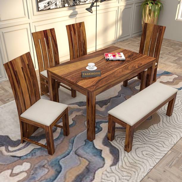 Taskwood Furniture Solid Sheesham Wood Six Seater Dining Set With Bench For Dining Room, Restaurant Solid Wood 6 Seater Dining Set