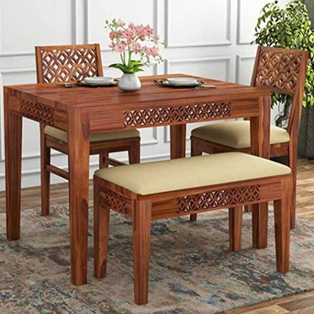 NMT Dining Table Set with 2 Chair & 1 Bench for Living Room Furniture Solid Wood 4 Seater Dining Set
